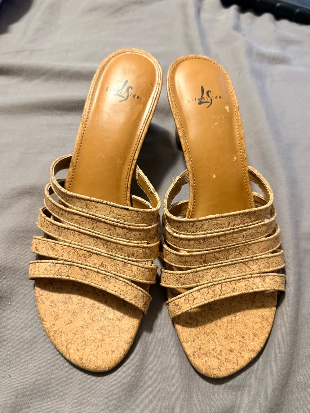 Life Stride Tan Cork-Textured Multi-Strap Slide Heels
